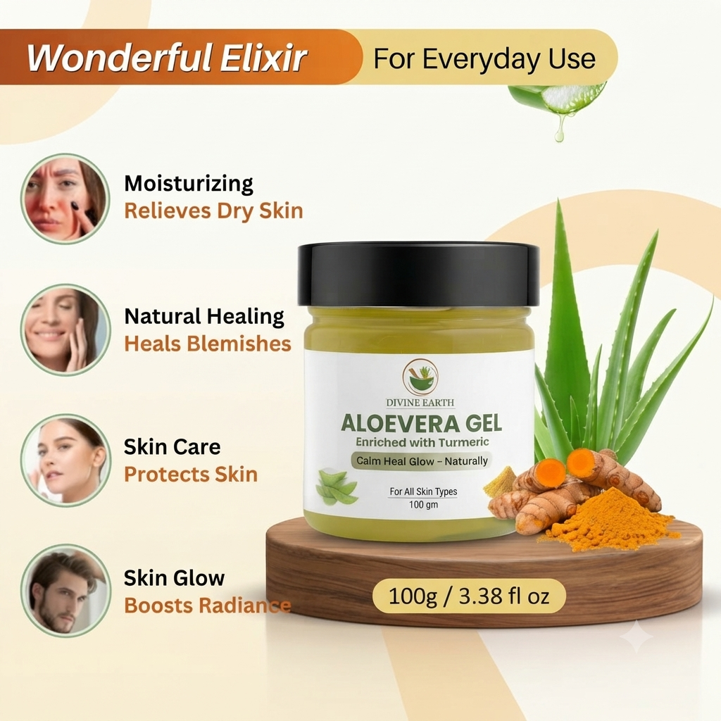 Divine Earth Herbal Aloe Vera Gel with Turmeric Extract (100g) | Natural Skin & Hair Care Gel | Hydrates, Soothes & Nourishes | For All Skin Types