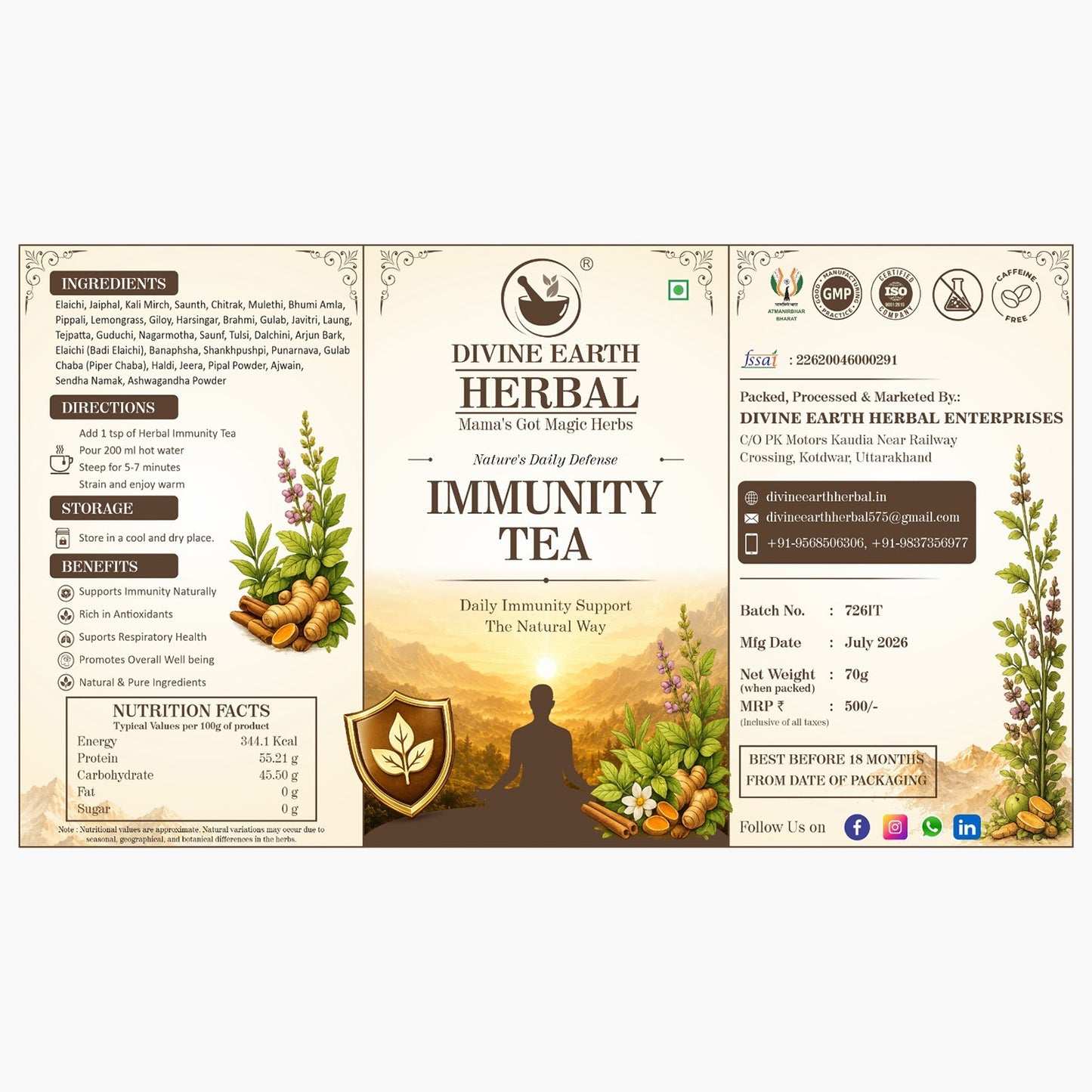 Divine Earth Herbal Ayurvedic Immunity Tea | Caffeine-Free Loose Leaf Herbal Tea | Daily Immunity Support | Tulsi, Giloy, Ashwagandha, Mulethi & 30+ Herbs | 70g