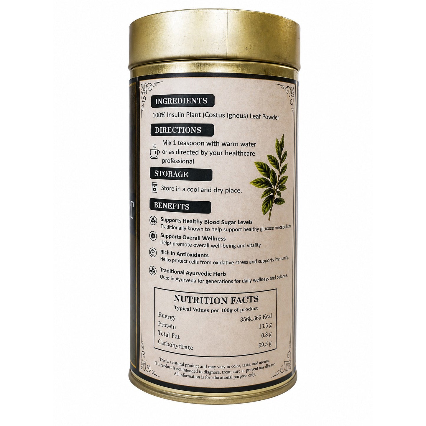 Divine Earth Herbal Insulin Plant Leaf Powder | Costus Igneus Leaf Powder | 100% Natural Herbal Powder | Traditional Ayurvedic Herb | 100g