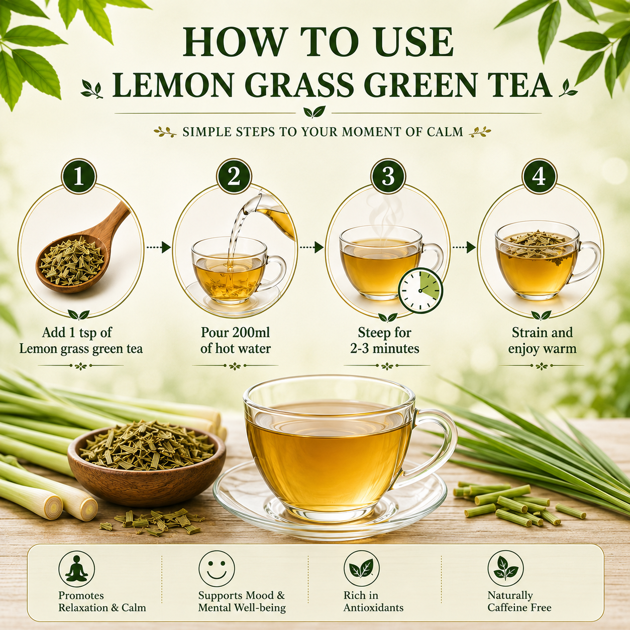 Divine Earth Herbal Lemon Grass Green Tea | Natural Lemon Grass Leaves | Loose Leaf Herbal Tea in Natural Form – 50g