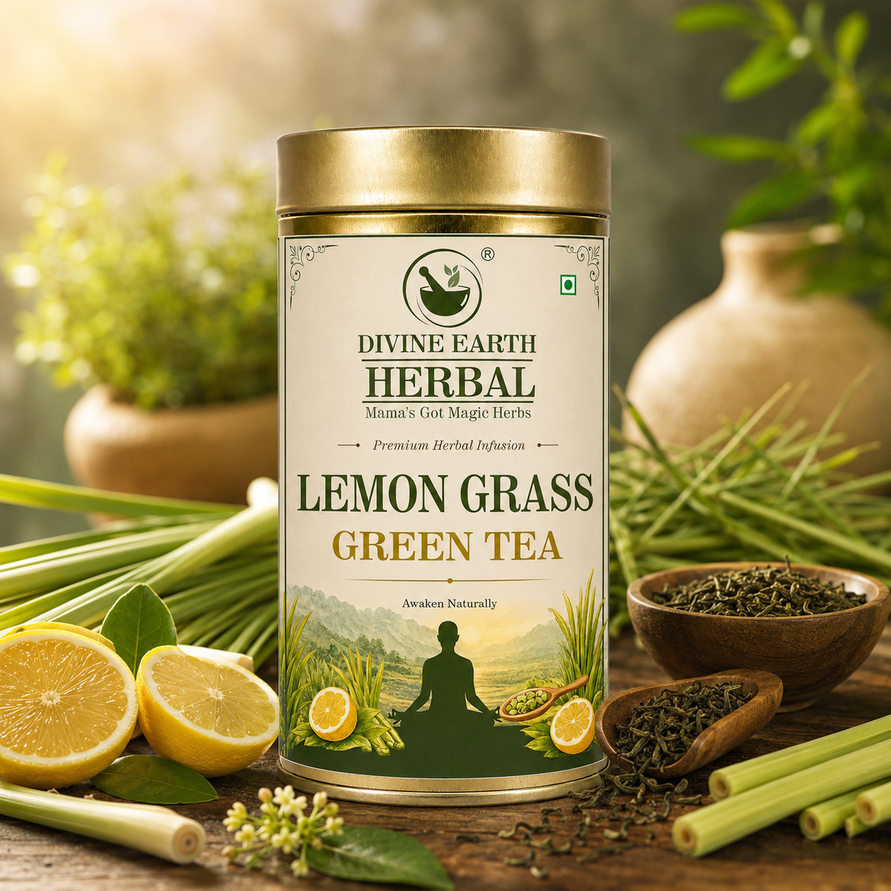 Divine Earth Herbal Lemon Grass Green Tea | Natural Lemon Grass Leaves | Loose Leaf Herbal Tea in Natural Form – 50g