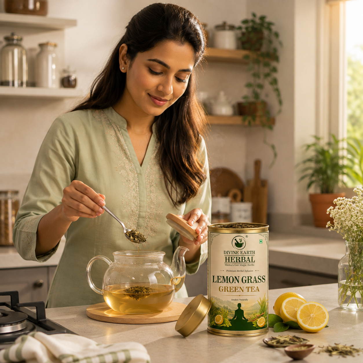 Divine Earth Herbal Lemon Grass Green Tea | Natural Lemon Grass Leaves | Loose Leaf Herbal Tea in Natural Form – 50g