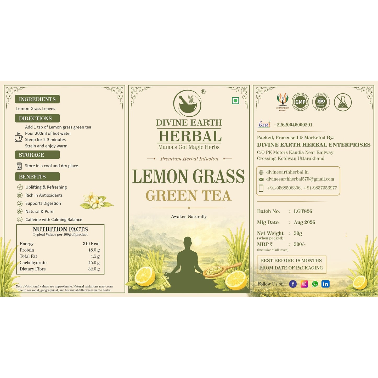 Divine Earth Herbal Lemon Grass Green Tea | Natural Lemon Grass Leaves | Loose Leaf Herbal Tea in Natural Form – 50g