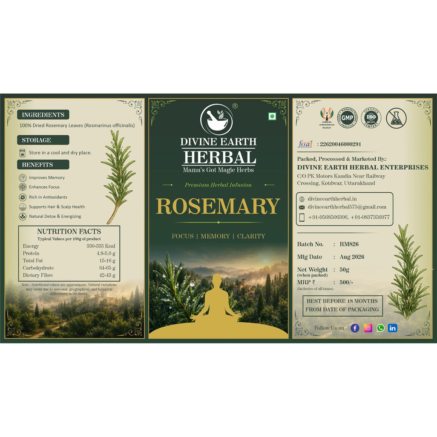 Divine Earth Herbal Rosemary Leaves | 100% Natural Dried Rosemary Herb | Natural Loose Leaf Herbal Tea | Rosemary Herbal Infusion | 50g