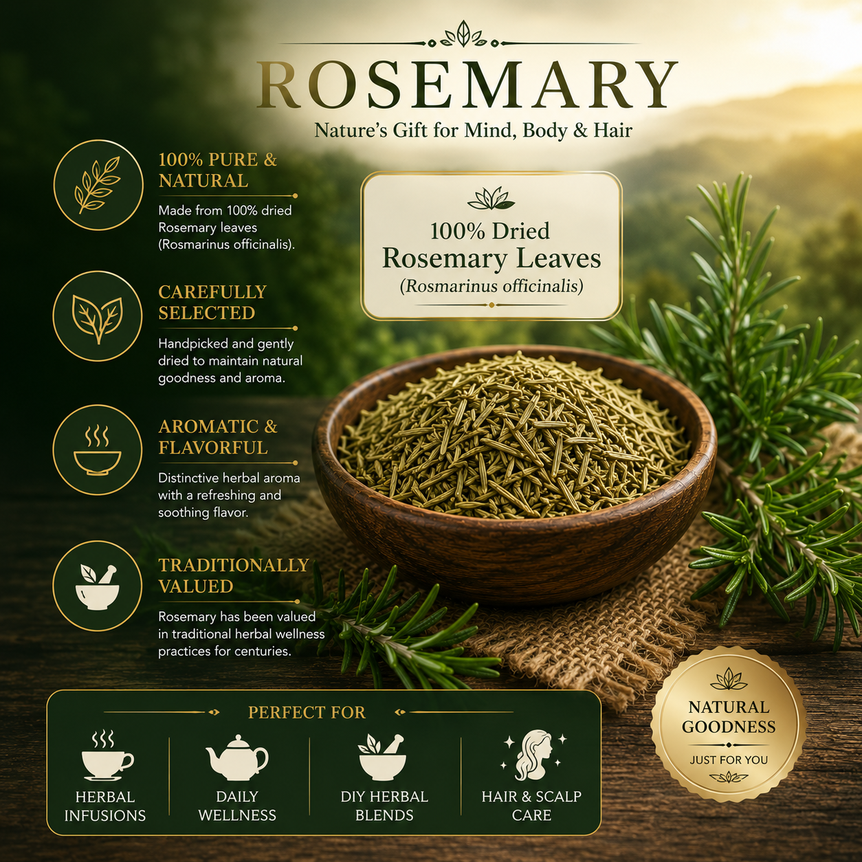 Divine Earth Herbal Rosemary Leaves | 100% Natural Dried Rosemary Herb | Natural Loose Leaf Herbal Tea | Rosemary Herbal Infusion | 50g