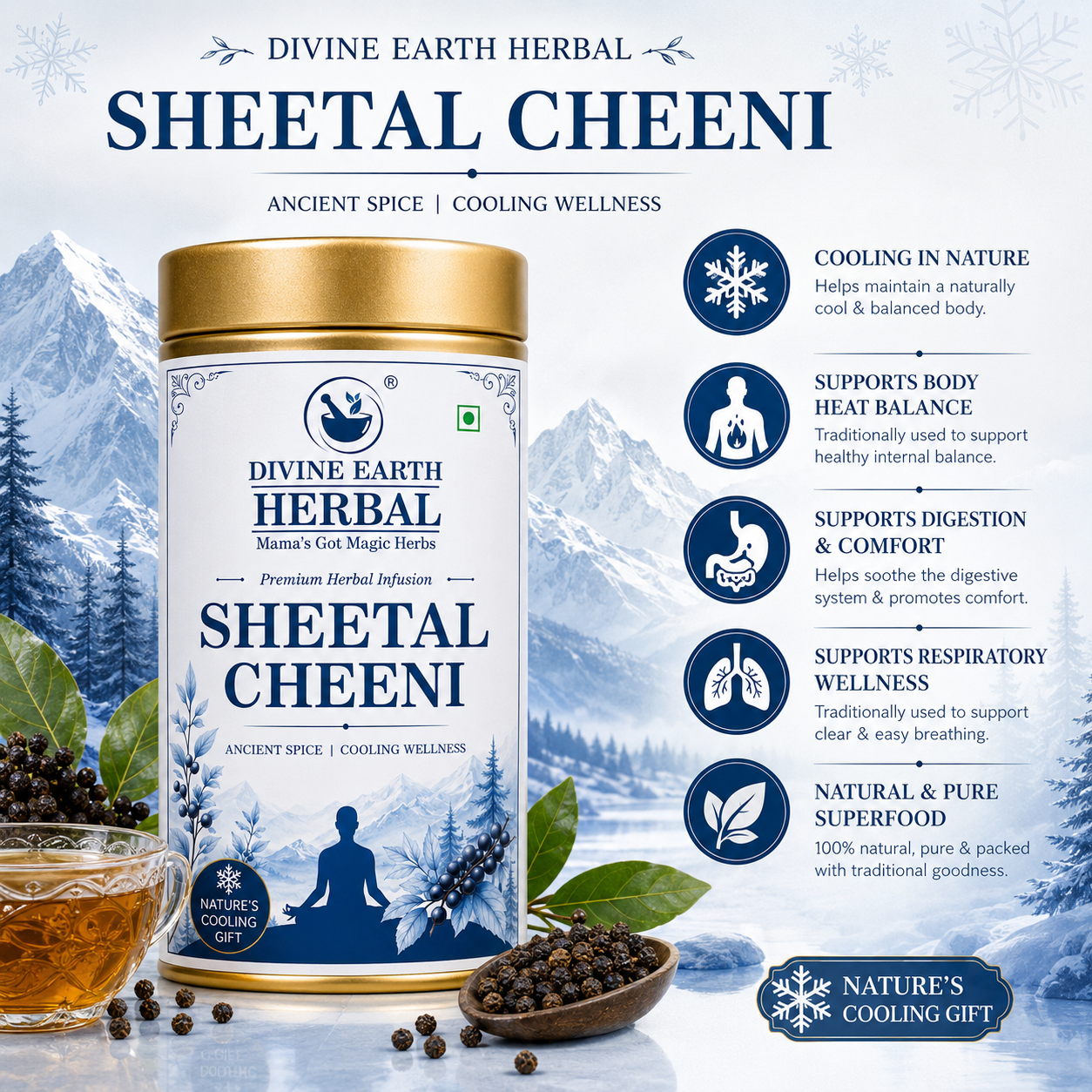 Divine Earth Herbal Sheetal Cheeni | 100% Pure Cooling Herb & Ancient Spice | Natural Wellness Support | Premium Herbal Infusion | No Added Preservatives | 100g